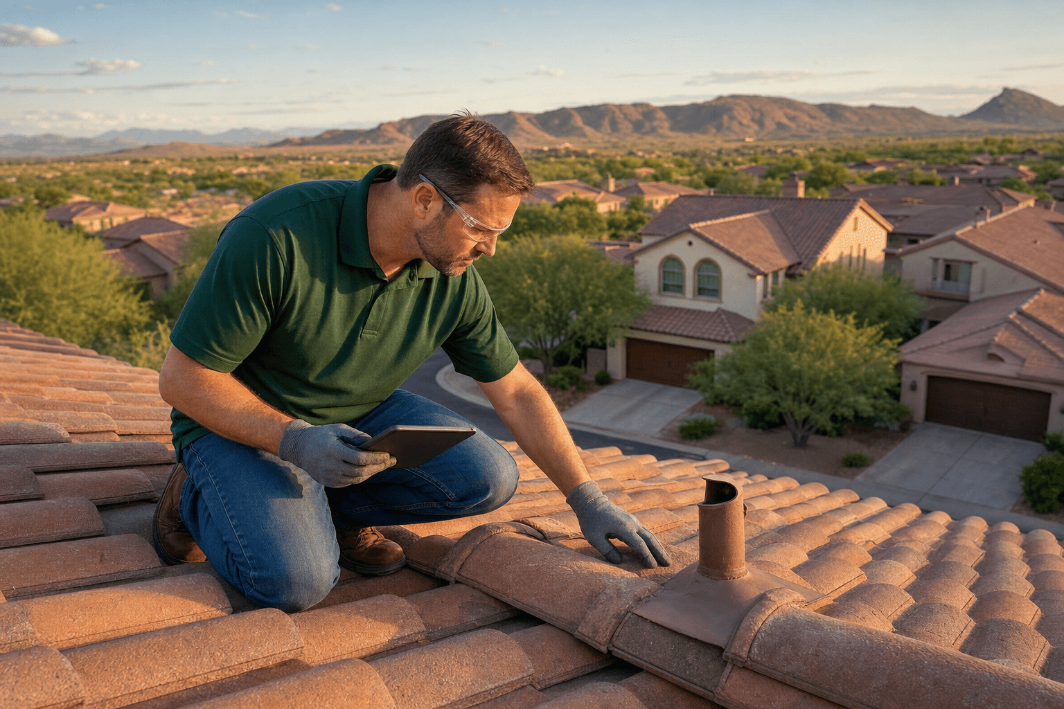 A senior estimator on a Country Club at Anthem tile roof, examining the field tile near a vent flashing with the eastern Daisy Mountain ridge in the background.