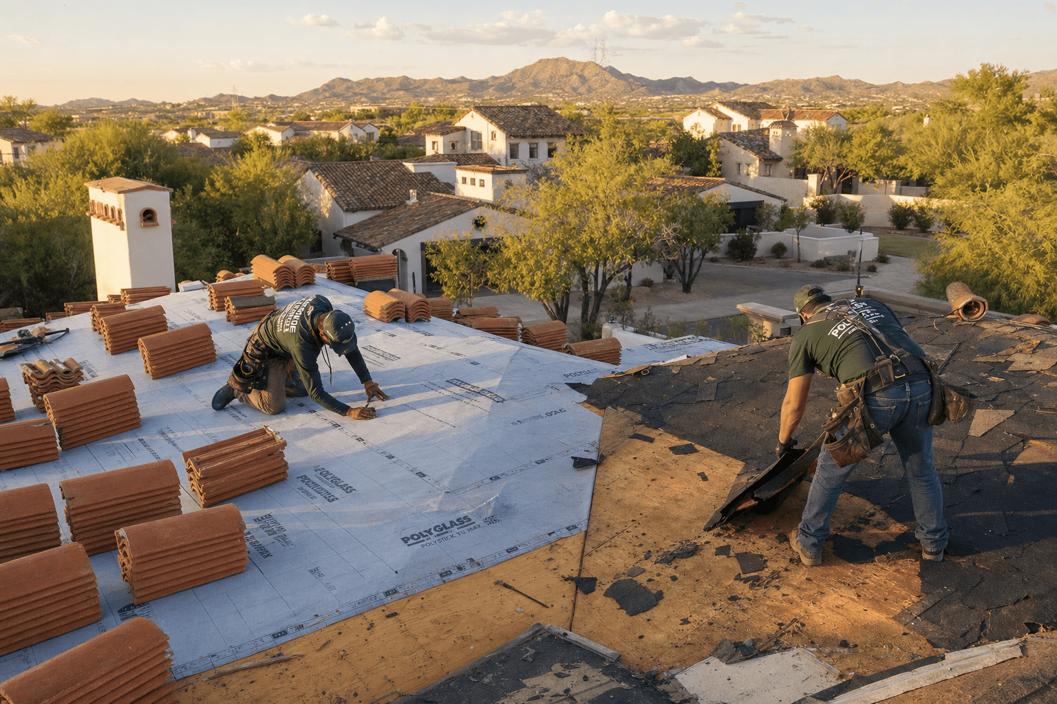 A Country Club at Anthem tile reinstall in progress: existing field tile stacked on the slopes, fresh synthetic high-temperature underlayment going down across the deck, with old 30-pound felt being torn off the adjacent slope.