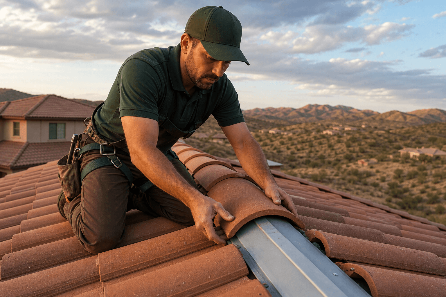 A roofer setting concrete ridge tiles along a Hillside Anthem ridgeline, with fresh ridge metal visible beneath and a vista of the eastern Daisy Mountain ridge in the distance.