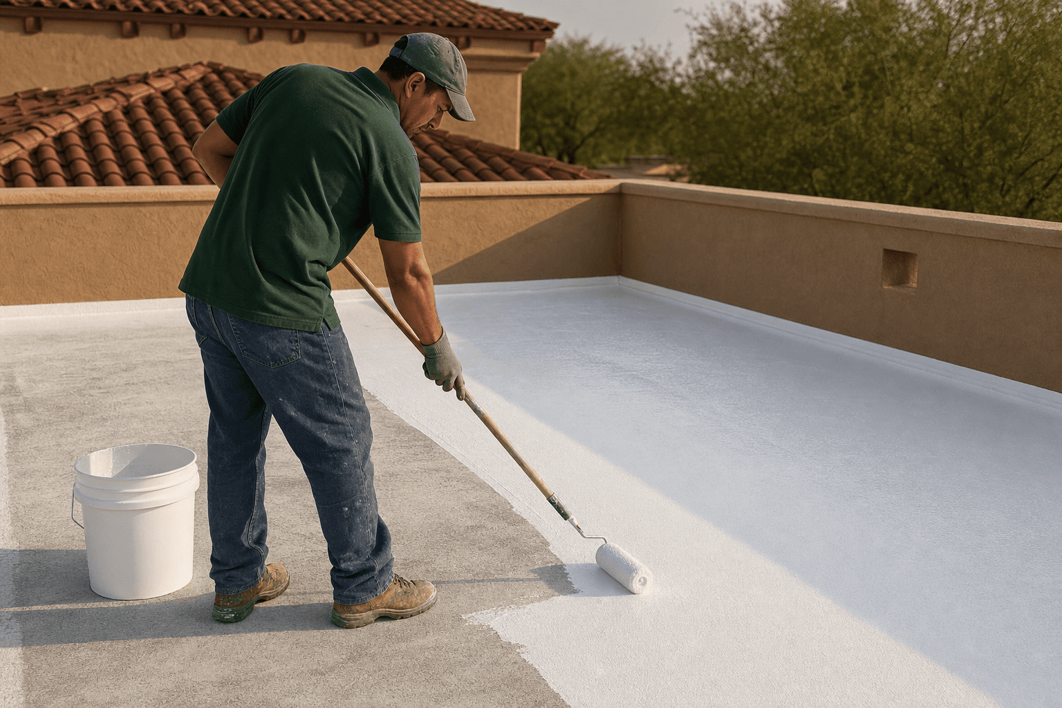 A foam roof recoat in progress on a Parkside at Anthem home — fresh elastomeric topcoat being rolled onto a previously chalky, weathered surface.