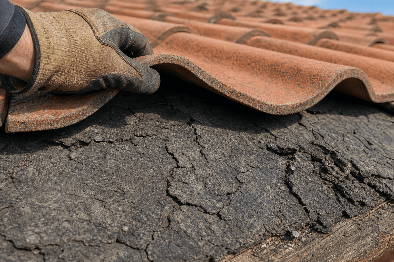 A roofer's gloved hand lifts a warm-terracotta concrete s-tile to reveal cracked, brittle 30-pound felt underlayment beneath — the failure mode behind most Anthem reroofs.